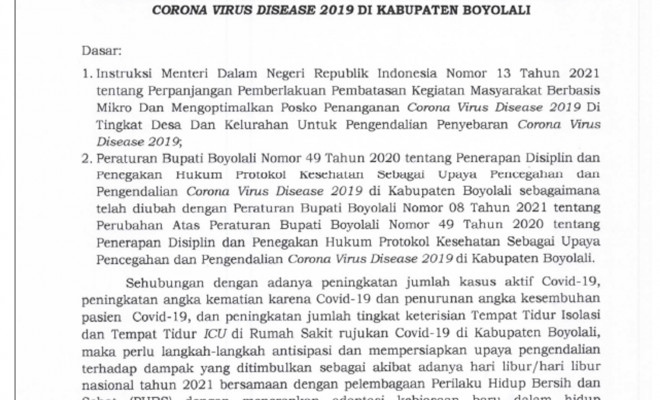 SE BUPATI BOYOLALI TENTANG PERPANJANGAN PPKM MIKRO 15-28 JUNI 2021